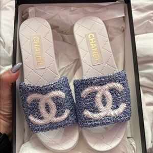 Chanel Blue and White Sandals with Iconic Design
